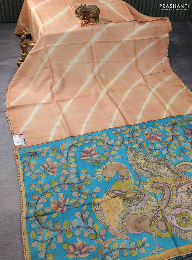 Pure tussar silk saree sandal shade and teal blue with allover tie & dye prints and kalamkari prints & cut work pallu