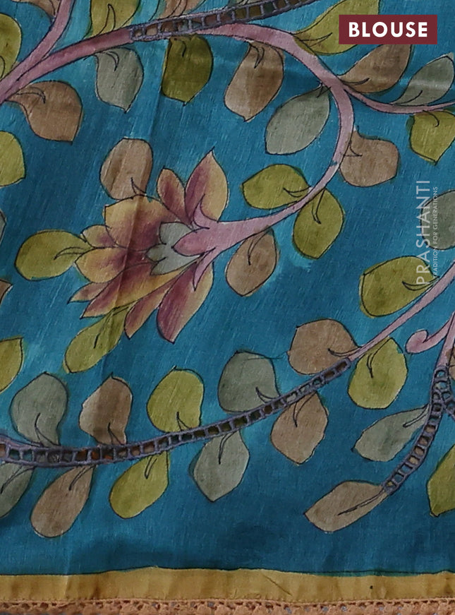 Pure tussar silk saree sandal shade and teal blue with allover tie & dye prints and kalamkari prints & cut work pallu