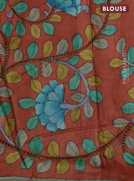 Pure tussar silk saree pastel green and rust shade with allover tie & dye prints and kalamkari prints & cut work pallu