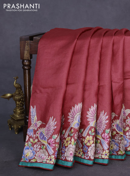 Pure tussar silk saree red and green with plain body and bird design embroidery work border