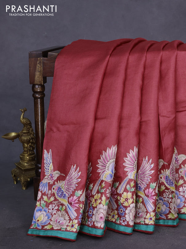 Pure tussar silk saree red and green with plain body and bird design embroidery work border