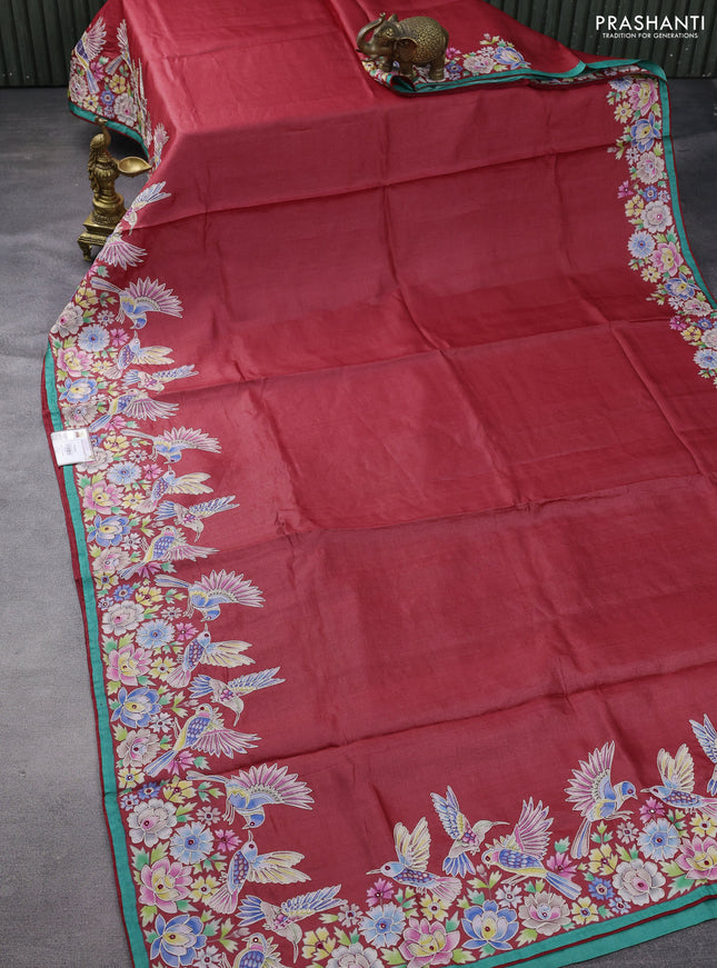 Pure tussar silk saree red and green with plain body and bird design embroidery work border