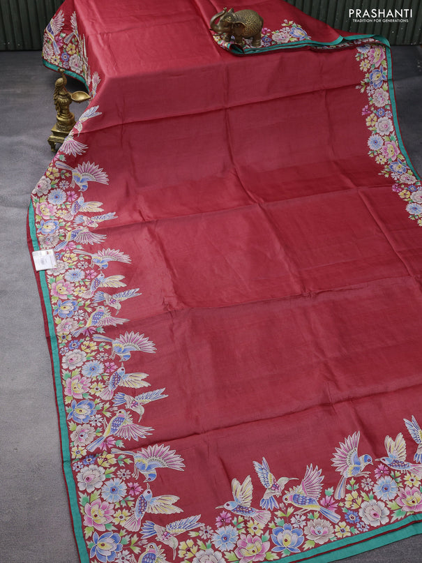 Pure tussar silk saree red and green with plain body and bird design embroidery work border