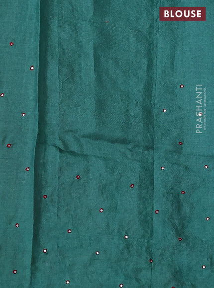 Pure tussar silk saree red and green with plain body and bird design embroidery work border