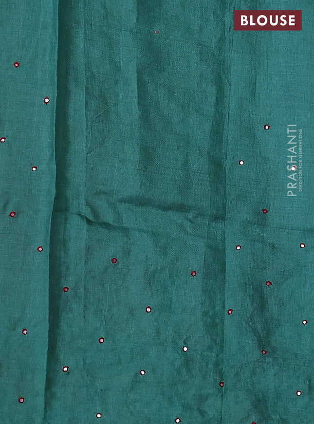 Pure tussar silk saree red and green with plain body and bird design embroidery work border