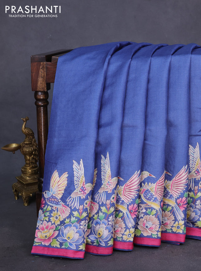 Pure tussar silk saree blue and pink with plain body and bird design embroidery work border