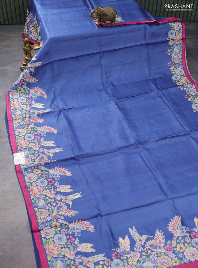 Pure tussar silk saree blue and pink with plain body and bird design embroidery work border