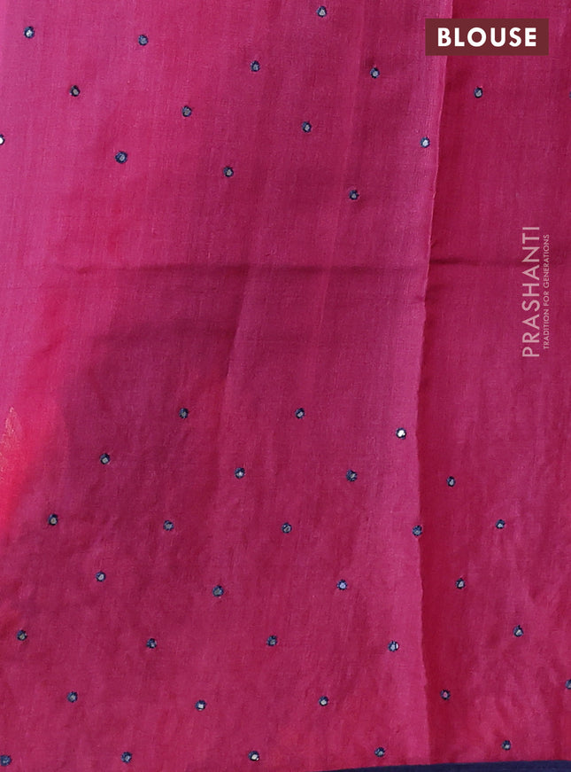 Pure tussar silk saree blue and pink with plain body and bird design embroidery work border