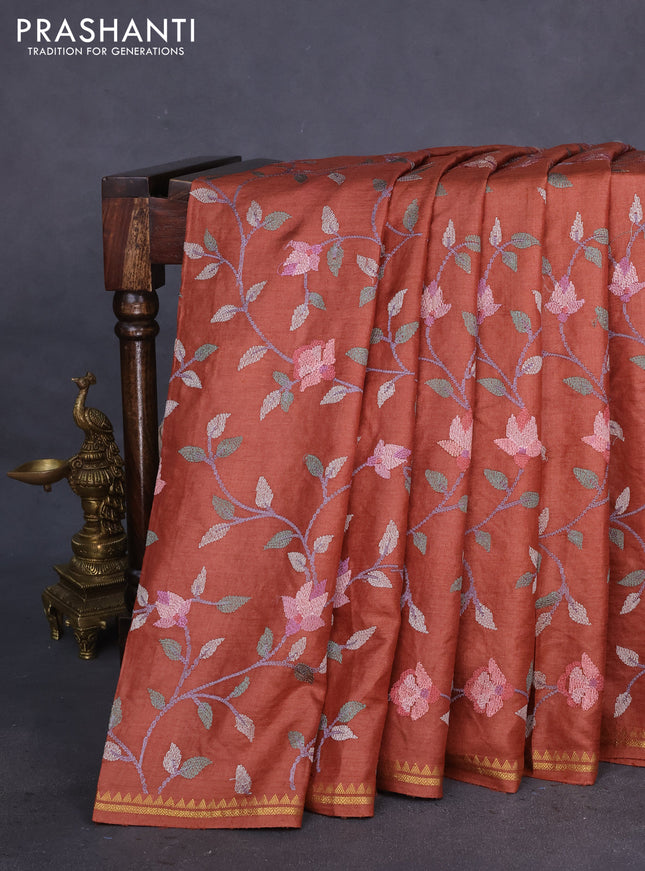 Pure tussar silk saree dark rust shade with allover floral embroidery work and small zari woven border