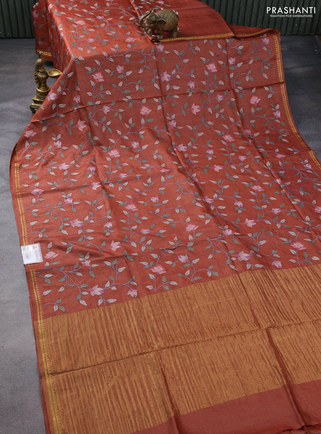 Pure tussar silk saree dark rust shade with allover floral embroidery work and small zari woven border