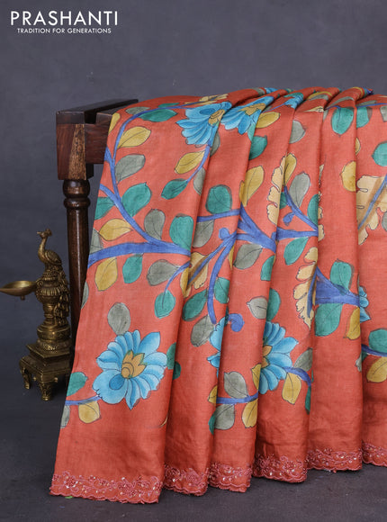 Pure tussar silk saree rust shade with allover kalamkari prints and embroidery sequin work border