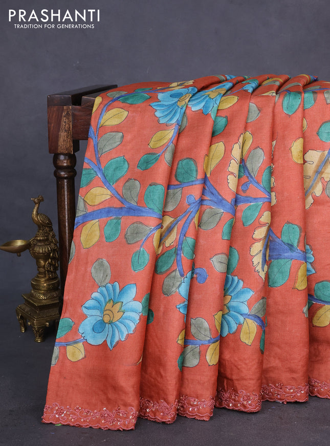 Pure tussar silk saree rust shade with allover kalamkari prints and embroidery sequin work border