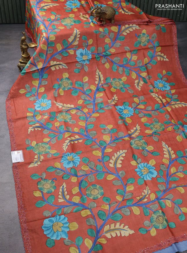 Pure tussar silk saree rust shade with allover kalamkari prints and embroidery sequin work border