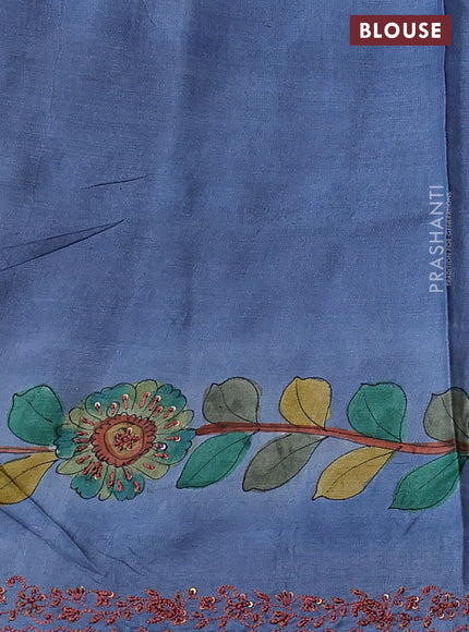 Pure tussar silk saree rust shade with allover kalamkari prints and embroidery sequin work border