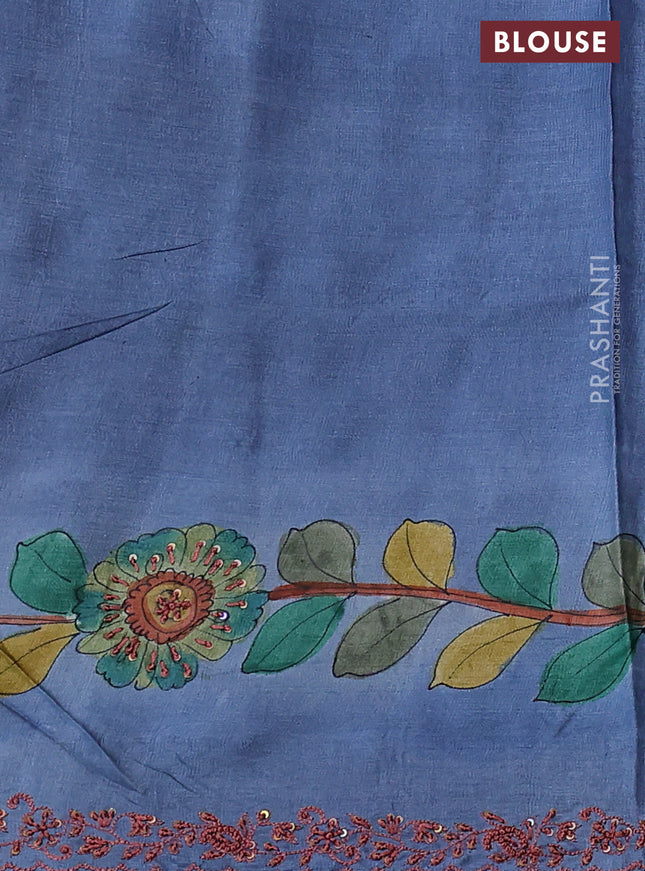 Pure tussar silk saree rust shade with allover kalamkari prints and embroidery sequin work border