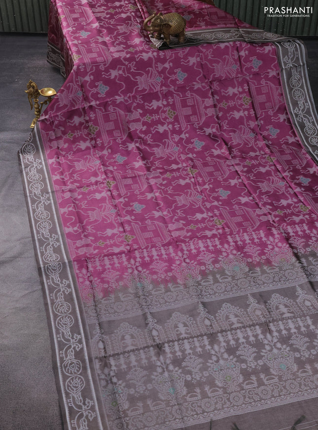 Sambalpuri semi silk saree wine shade and grey shade with allover thread woven ikat weaves and thread woven border