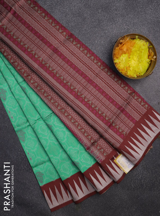 Sambalpuri semi silk saree green and brown with allover thread woven ikat weaves and temple woven border