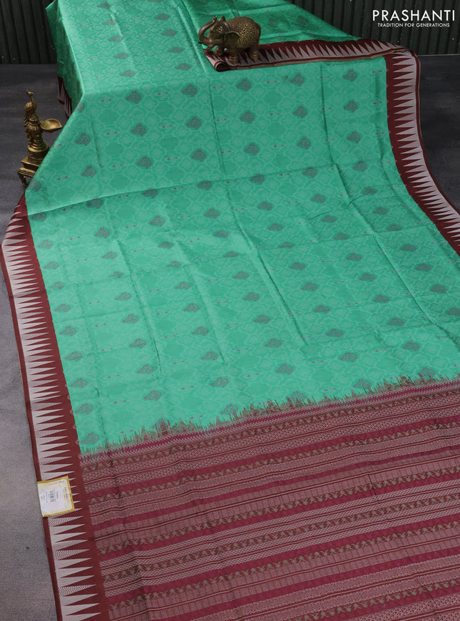Sambalpuri semi silk saree green and brown with allover thread woven ikat weaves and temple woven border