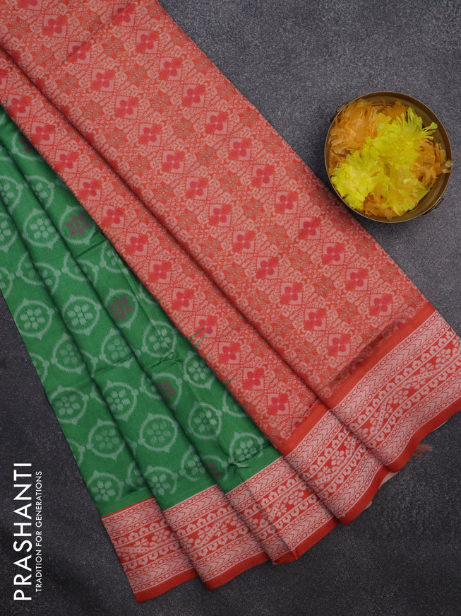 Sambalpuri semi silk saree green and orange with allover thread woven ikat weaves and thread woven border