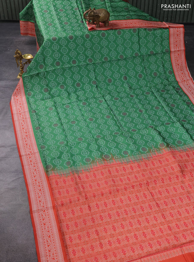 Sambalpuri semi silk saree green and orange with allover thread woven ikat weaves and thread woven border