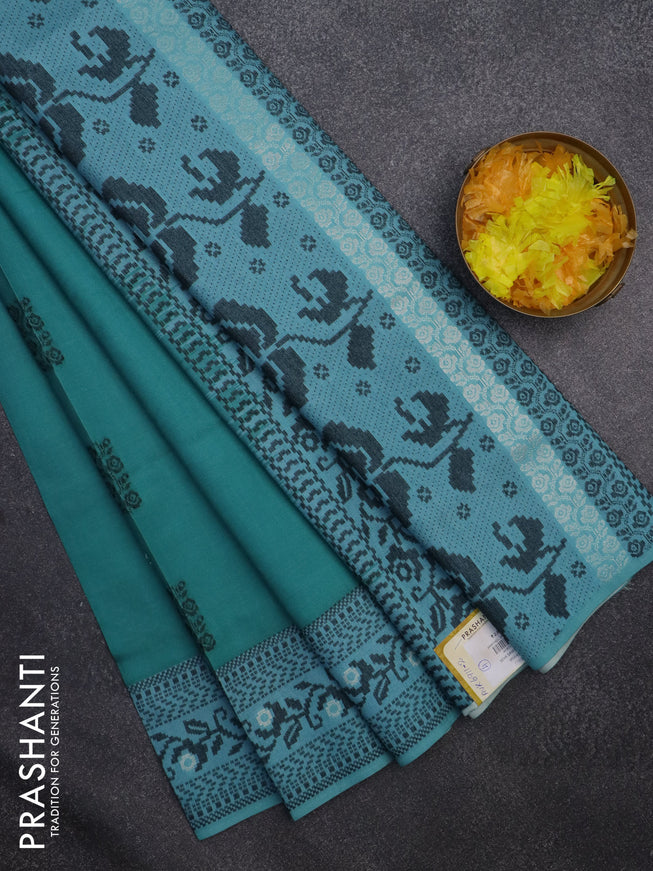 Sambalpuri semi silk saree teal green with thread woven ikat buttas and thread woven border