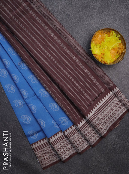 Sambalpuri semi silk saree light blue and coffee brown with allover thread woven ikat buttas and thread woven border