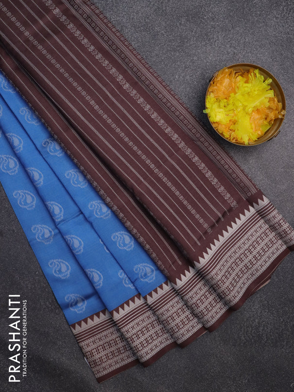 Sambalpuri semi silk saree light blue and coffee brown with allover thread woven ikat buttas and thread woven border