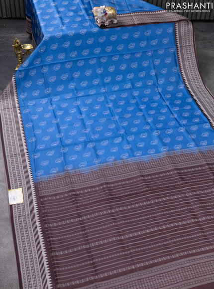 Sambalpuri semi silk saree light blue and coffee brown with allover thread woven ikat buttas and thread woven border