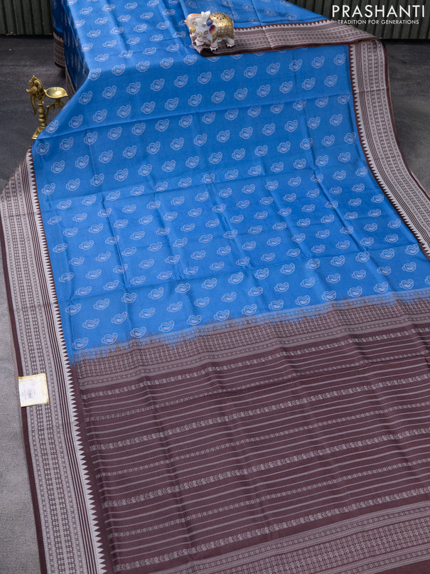 Sambalpuri semi silk saree light blue and coffee brown with allover thread woven ikat buttas and thread woven border