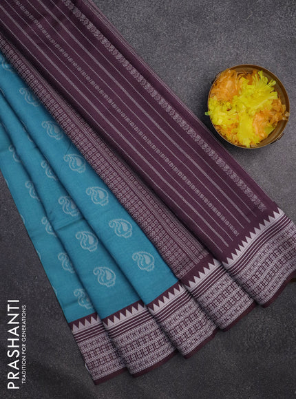 Sambalpuri semi silk saree pastel blue and wine shade with allover thread woven ikat buttas and thread woven border