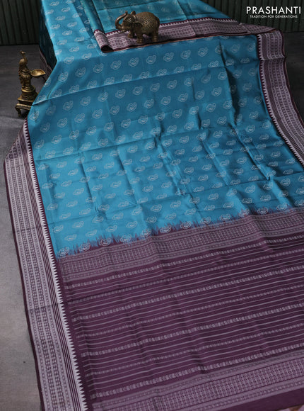 Sambalpuri semi silk saree pastel blue and wine shade with allover thread woven ikat buttas and thread woven border