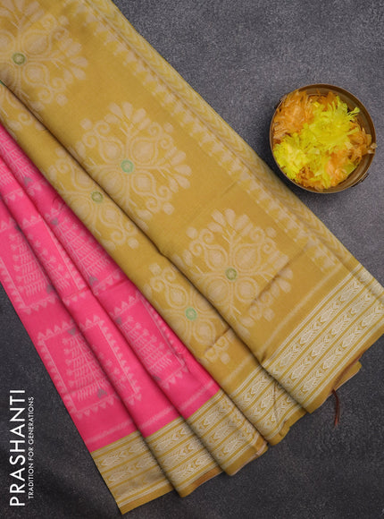 Sambalpuri semi silk saree mustard yellow and candy pink with allover thread woven ikat buttas and thread woven border