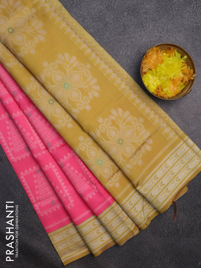 Sambalpuri semi silk saree mustard yellow and candy pink with allover thread woven ikat buttas and thread woven border