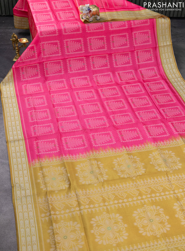 Sambalpuri semi silk saree mustard yellow and candy pink with allover thread woven ikat buttas and thread woven border