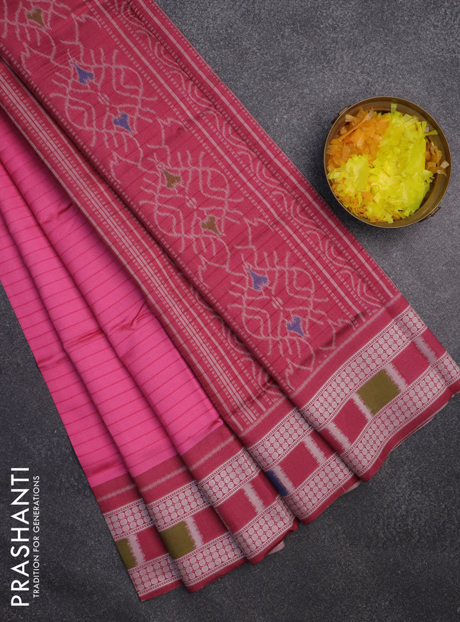 Sambalpuri semi silk saree pink and dark pink with allover stripe pattern and thread woven border