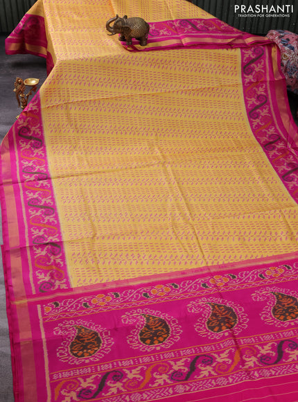 Rajkot patola silk saree yellow and pink with allover ikat prints and small zari woven border