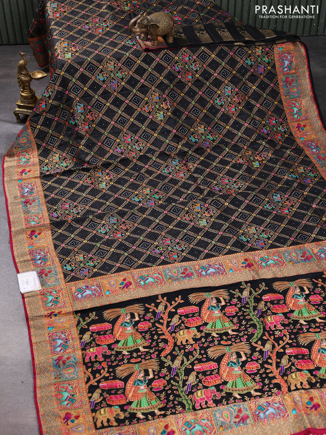 Banarasi silk saree black and maroon with allover position prints and printed border