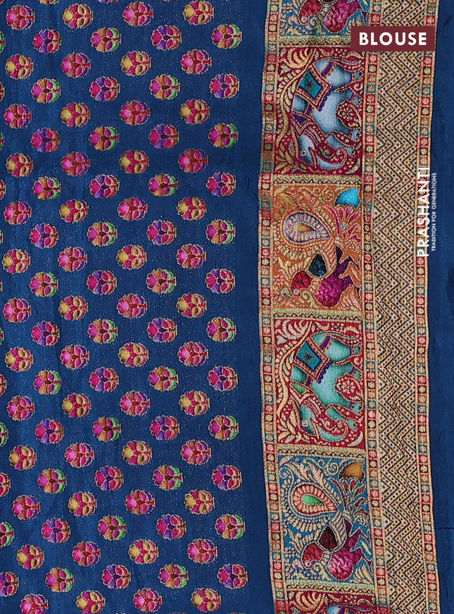 Banarasi silk saree teal blue and peacock blue with allover position prints and printed border