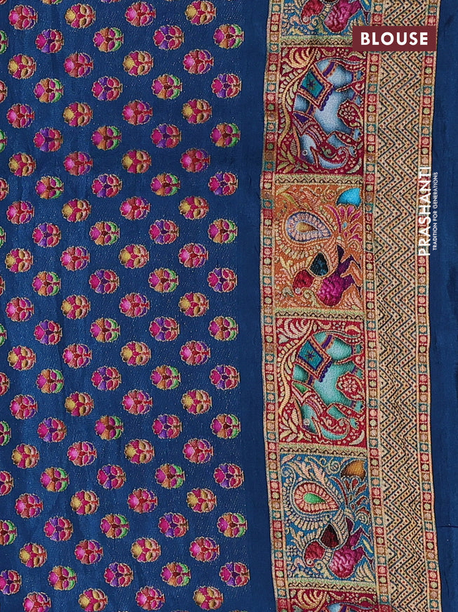 Banarasi silk saree teal blue and peacock blue with allover position prints and printed border