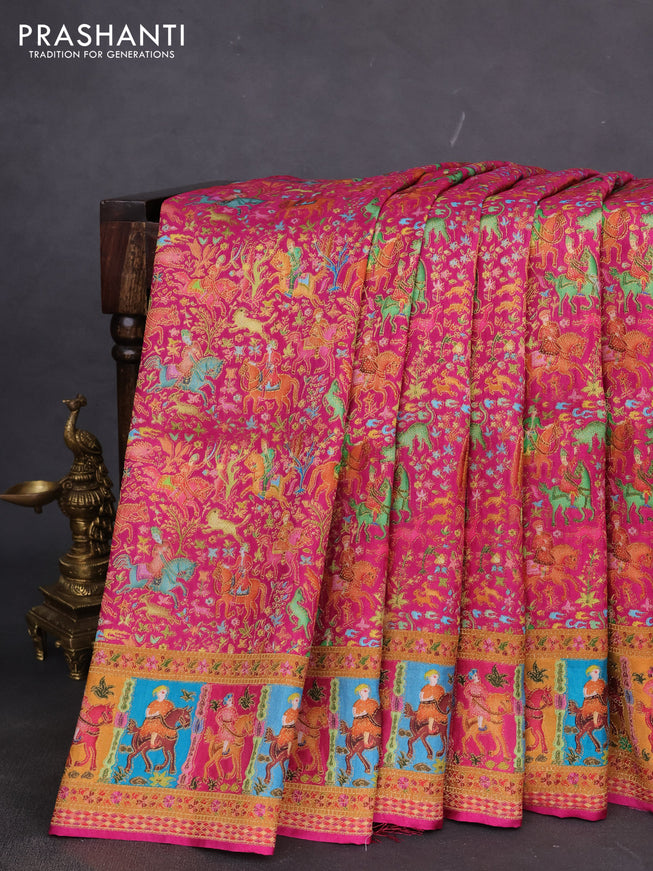Banarasi silk saree pink and green with allover position prints and printed border