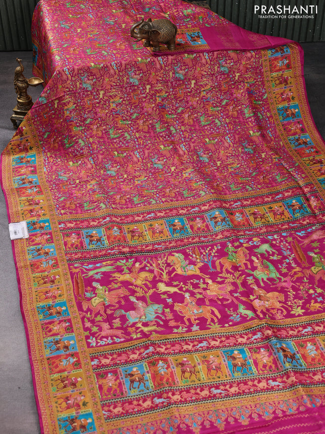 Banarasi silk saree pink and green with allover position prints and printed border