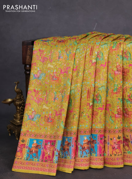 Banarasi silk saree lime green and pink with allover position prints and printed border