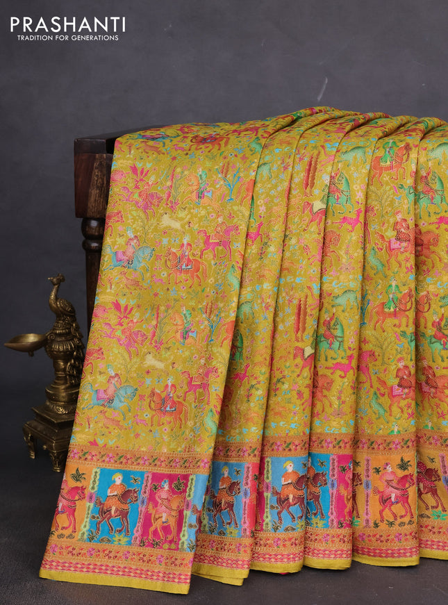 Banarasi silk saree lime green and pink with allover position prints and printed border