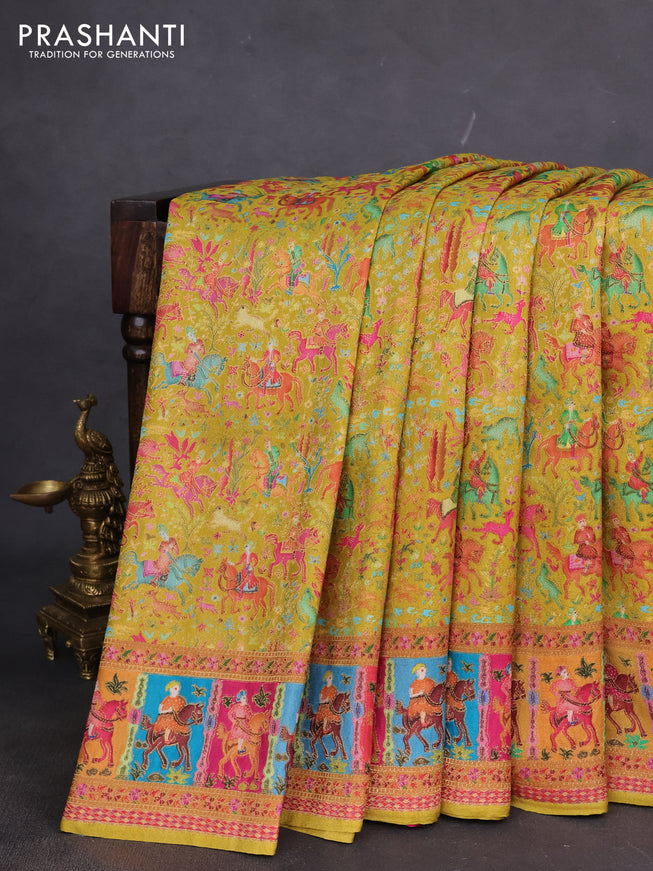 Banarasi silk saree lime green and pink with allover position prints and printed border