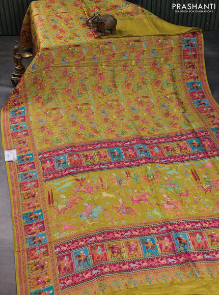 Banarasi silk saree lime green and pink with allover position prints and printed border