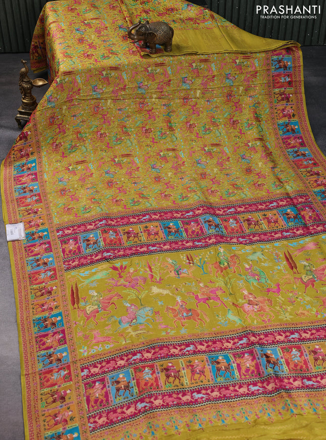 Banarasi silk saree lime green and pink with allover position prints and printed border