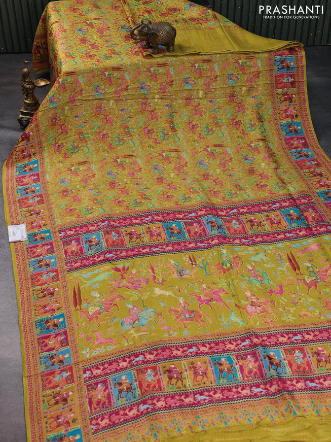 Banarasi silk saree lime green and pink with allover position prints and printed border