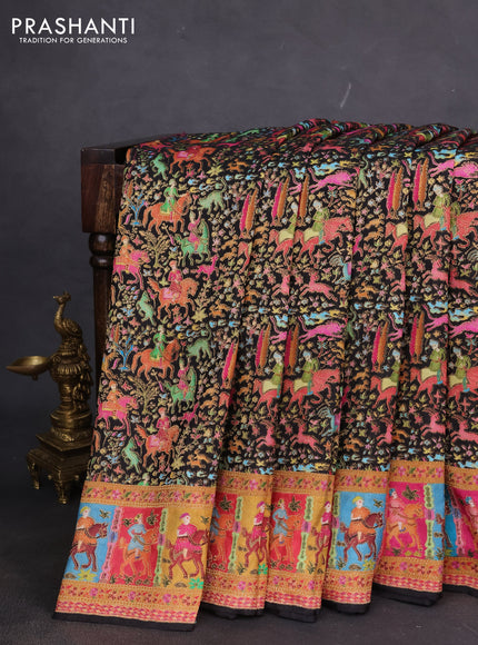 Banarasi silk saree black and pink with allover position prints and printed border