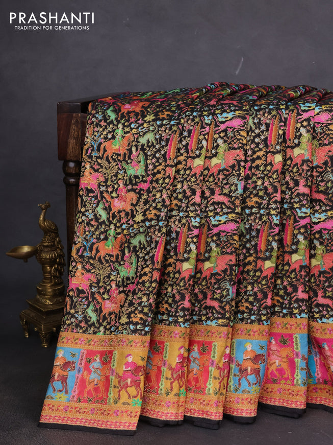 Banarasi silk saree black and pink with allover position prints and printed border