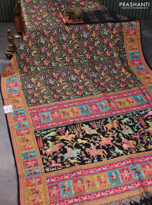 Banarasi silk saree black and pink with allover position prints and printed border